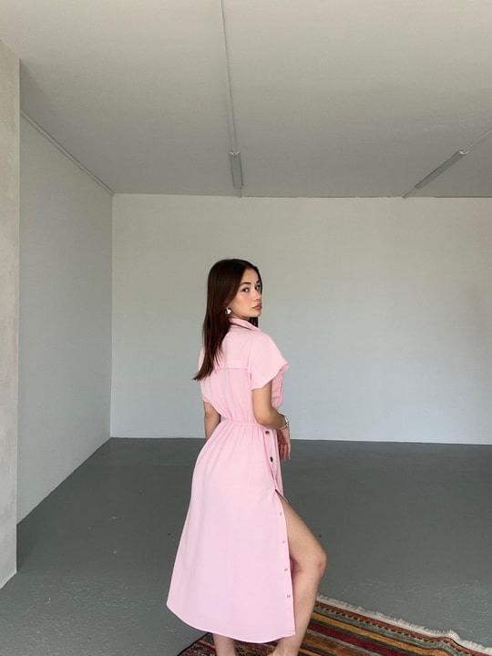 Beli Lastikli Çıtçıt Detay Elbise Pembe