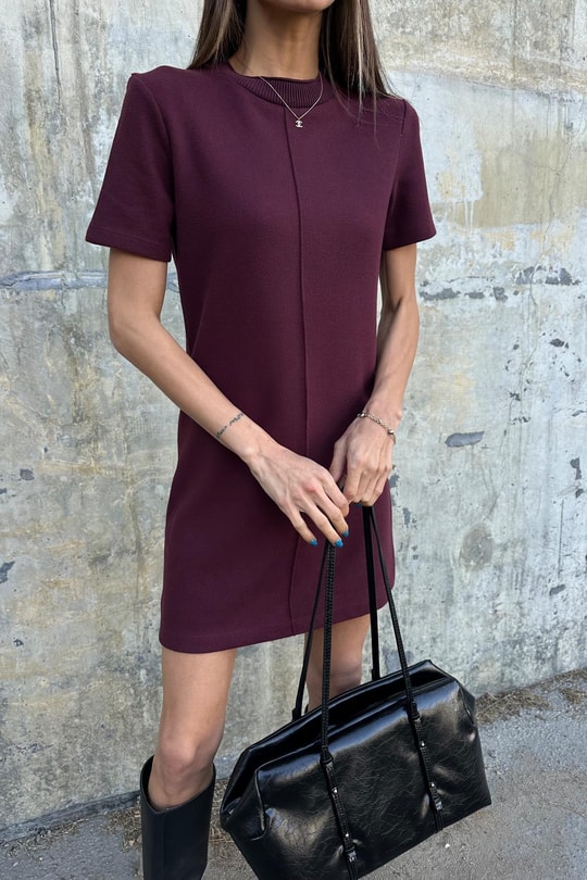 Bisiklet Yaka Mini Elbise Bordo