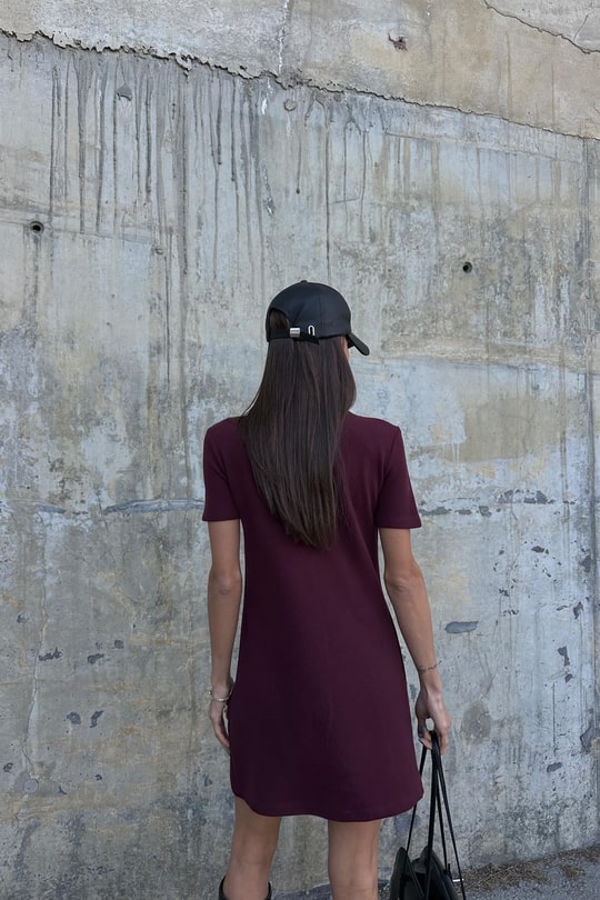 Bisiklet Yaka Mini Elbise Bordo
