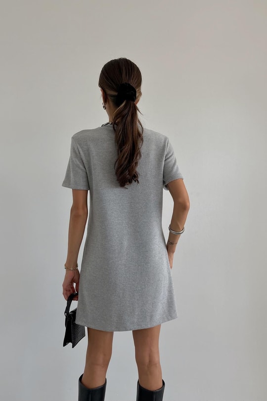 Bisiklet Yaka Mini Elbise Gri Melanj