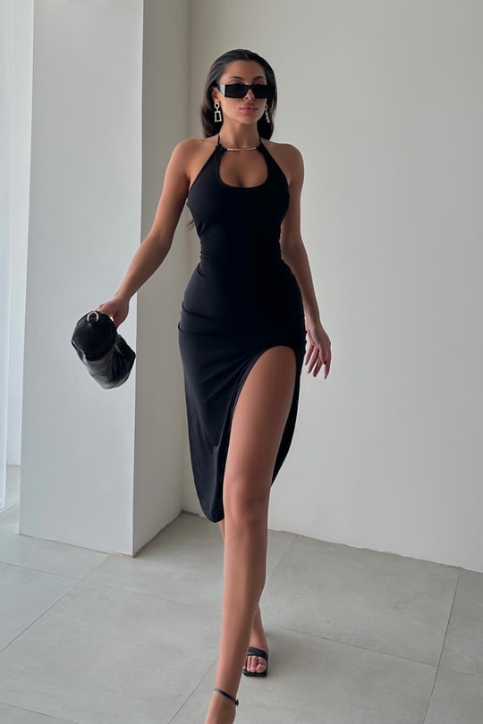 Boyundan Bağlamalı Diana Elbise Siyah