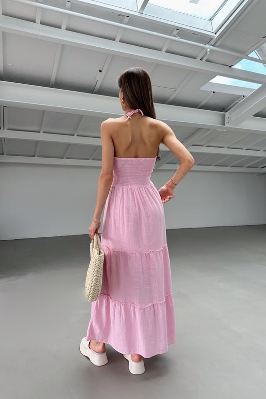 Boyundan Bağlamalı Keten Elbise Pembe