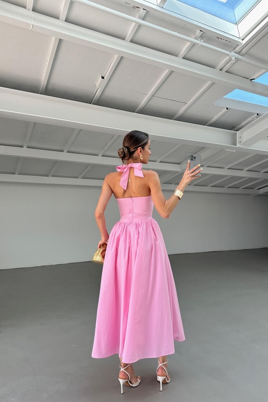 Boyundan Bağlamalı Midi Elibise Pembe
