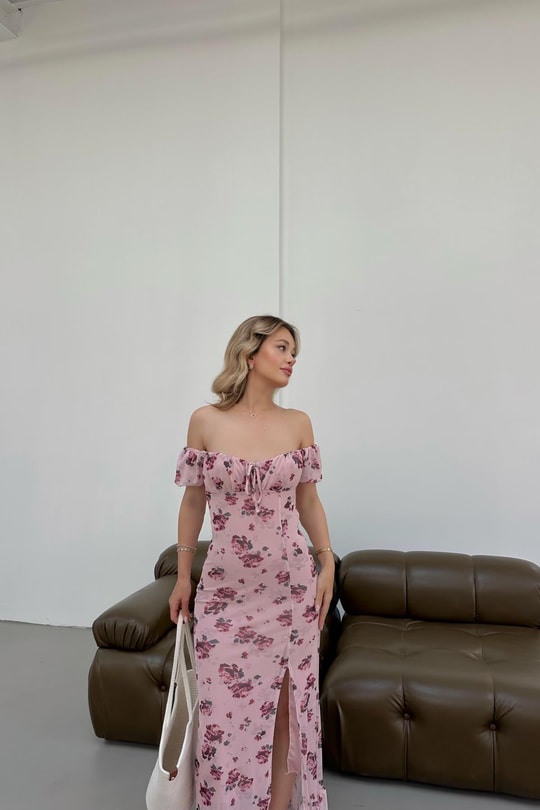 Büzgülü Tül Midi Elbise Pembe
