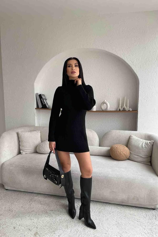 Çan Etek Mini Triko Elbise Siyah