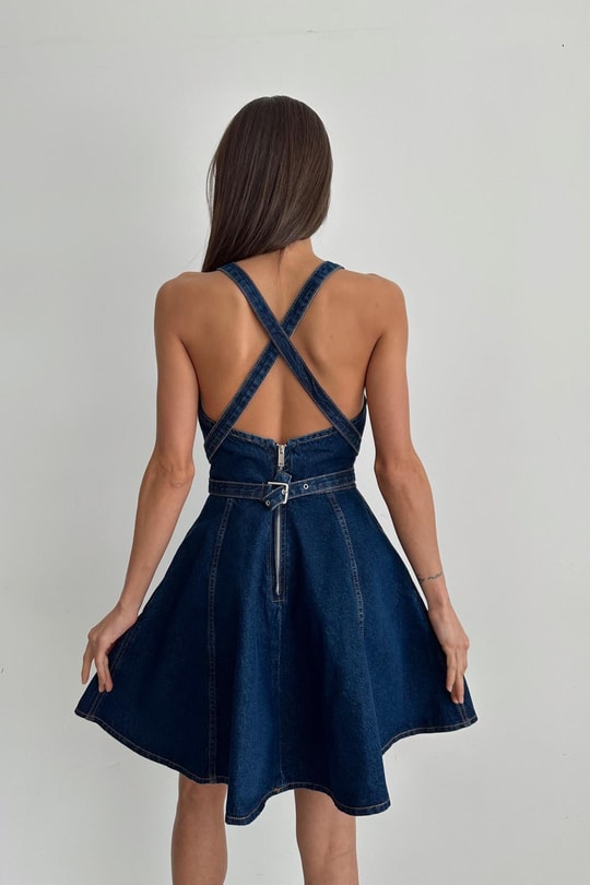 Çapraz Kemerli Denim Elbise Lacivert