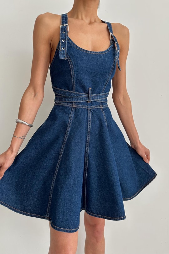 Çapraz Kemerli Denim Elbise Lacivert