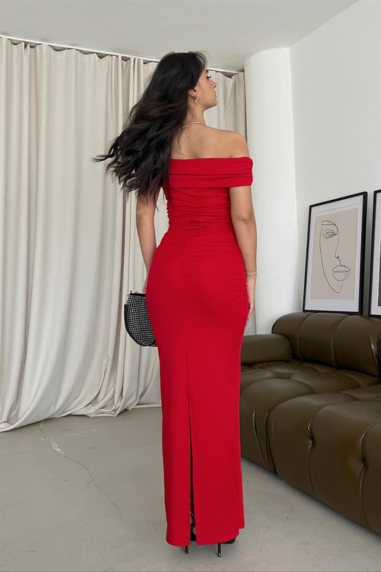 Carmen Yaka Drape Saten Elbise Kırmızı