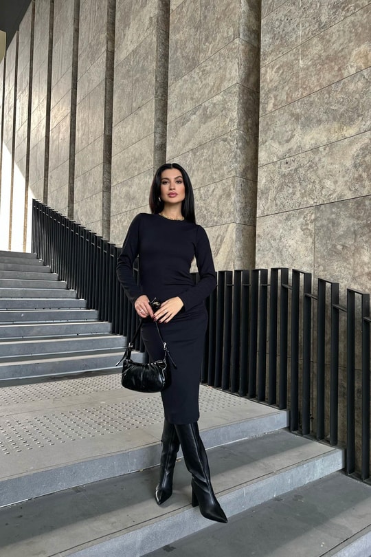 Çift Büzgülü Triko Midi Elbise Siyah