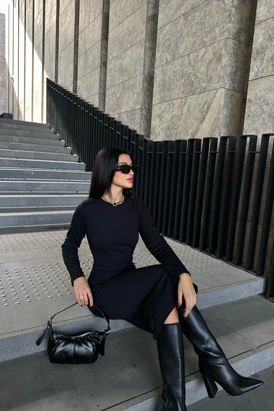 Çift Büzgülü Triko Midi Elbise Siyah