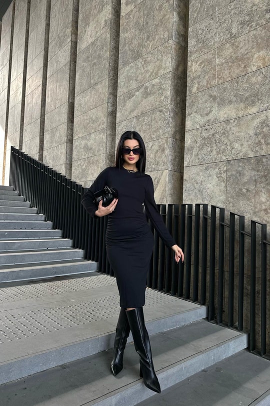 Çift Büzgülü Triko Midi Elbise Siyah