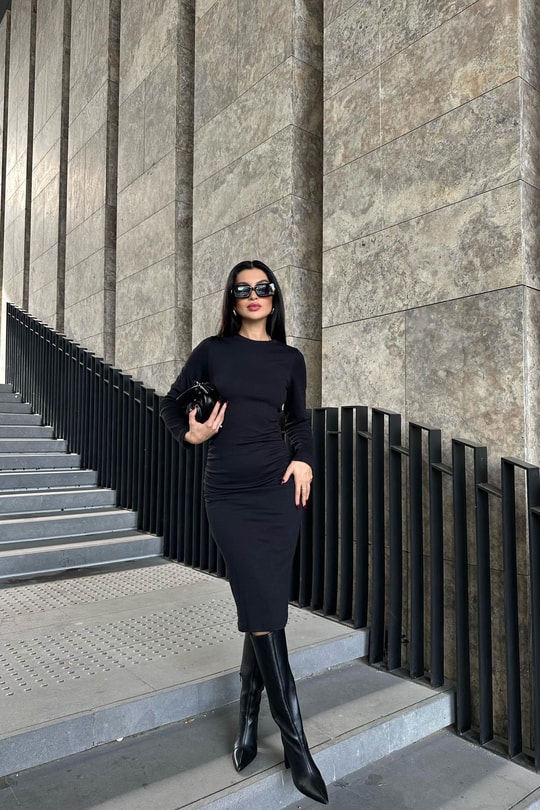 Çift Büzgülü Triko Midi Elbise Siyah