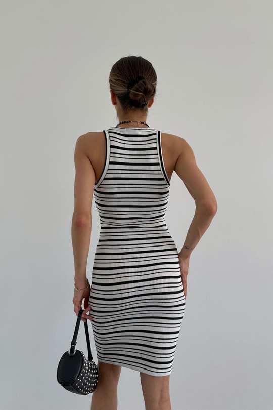Çizgili Halter Yaka Elbise Ekru