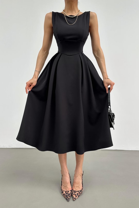 Crep Midi Elbise Siyah
