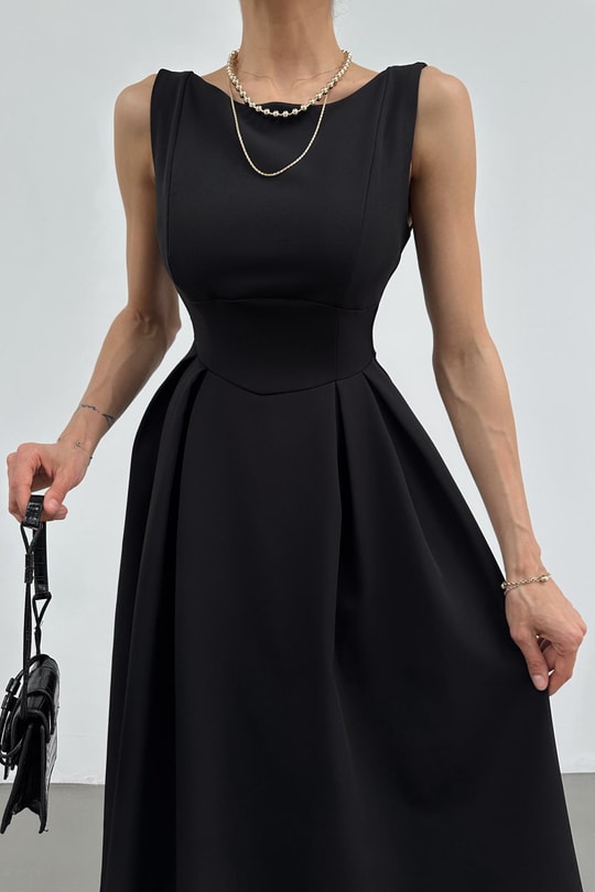Crep Midi Elbise Siyah