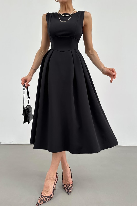 Crep Midi Elbise Siyah