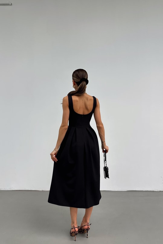 Crep Midi Elbise Siyah