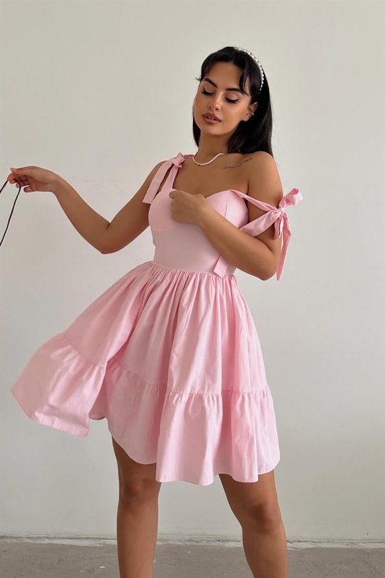 Cup Detay Poplin Helen Elbise Pembe