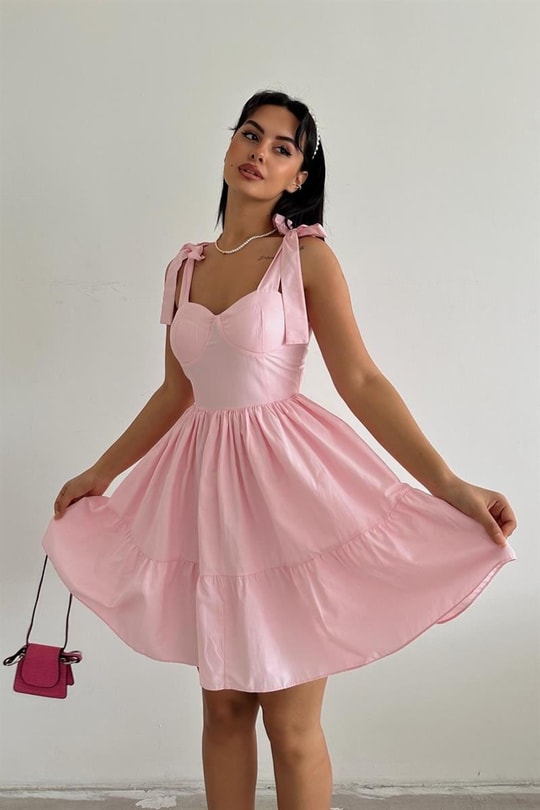 Cup Detay Poplin Helen Elbise Pembe