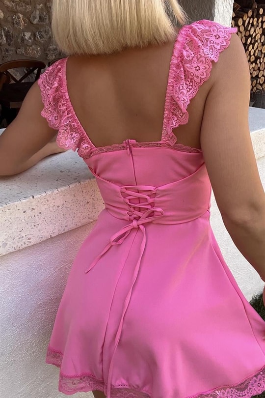 Dantel İşlemeli Thena Elbise Pembe