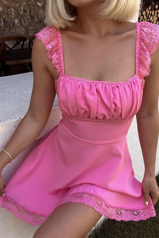 Dantel İşlemeli Thena Elbise Pembe
