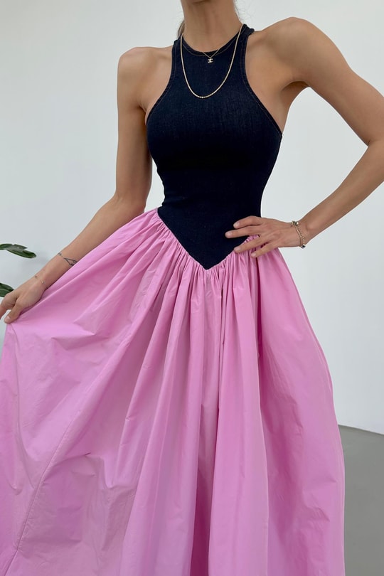 Denim Detay Poplin Elbise Pembe
