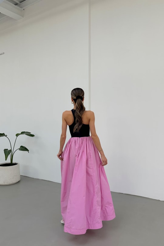 Denim Detay Poplin Elbise Pembe