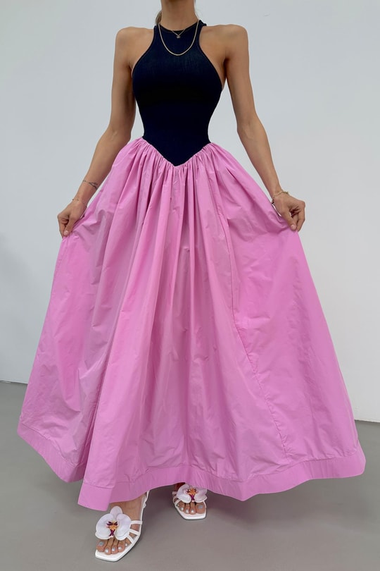 Denim Detay Poplin Elbise Pembe