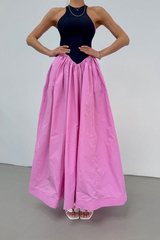 Denim Detay Poplin Elbise Pembe
