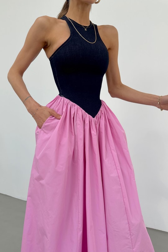 Denim Detay Poplin Elbise Pembe