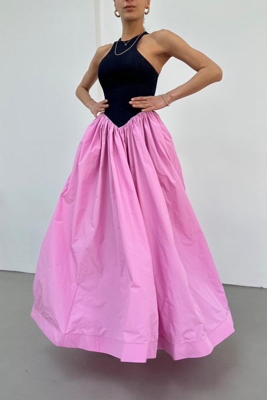 Denim Detay Poplin Elbise Pembe