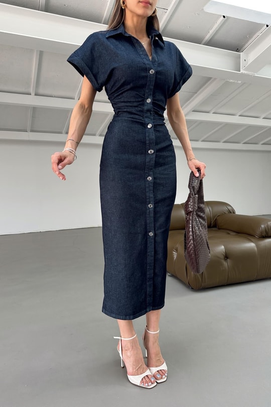 Denim Drapeli Elbise Lacivert