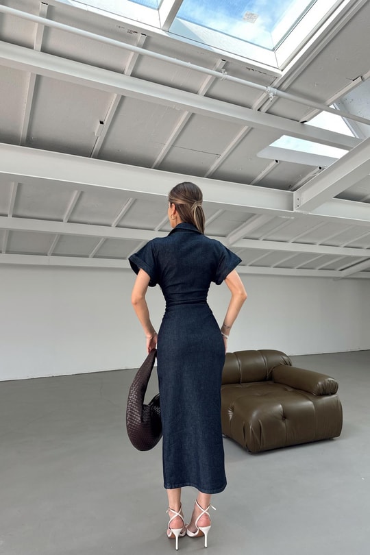 Denim Drapeli Elbise Lacivert