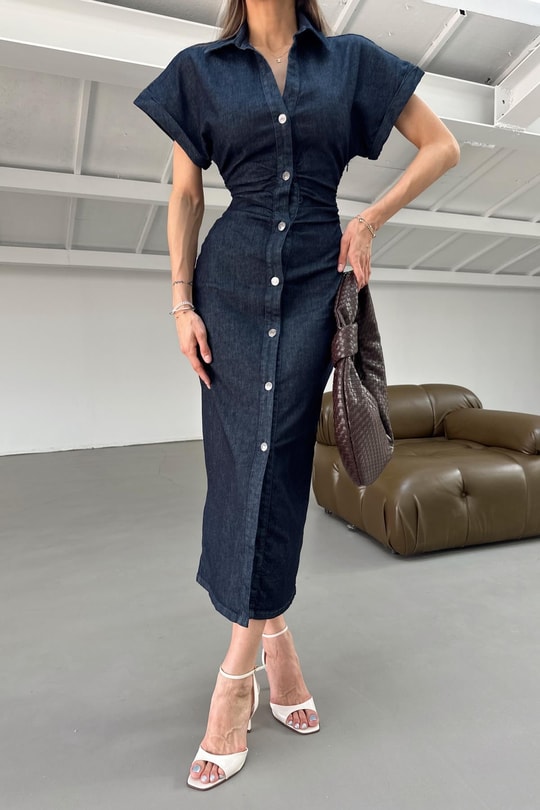 Denim Drapeli Elbise Lacivert