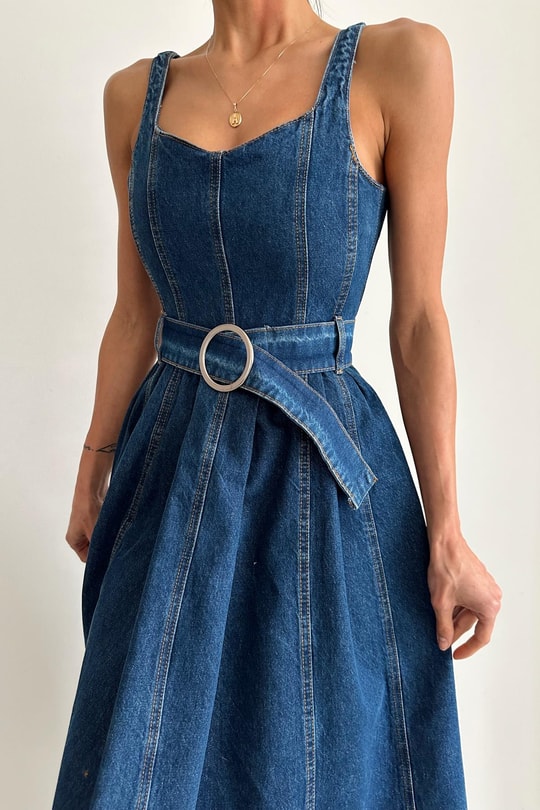 Denim Kemerli Elbise Lacivert