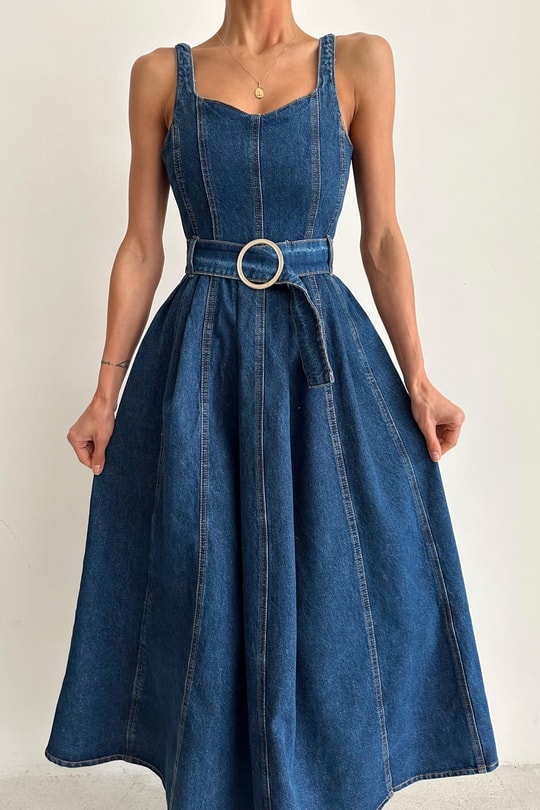 Denim Kemerli Elbise Lacivert