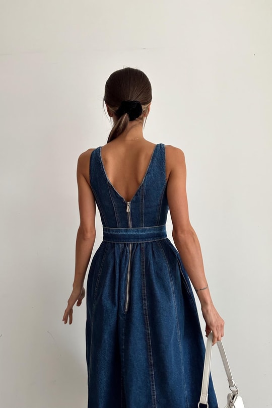 Denim Kemerli Elbise Lacivert