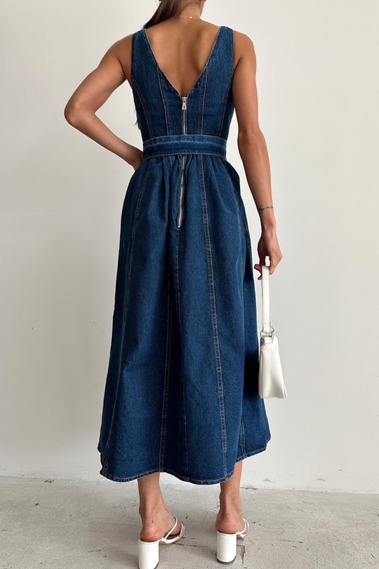 Denim Kemerli Elbise Lacivert