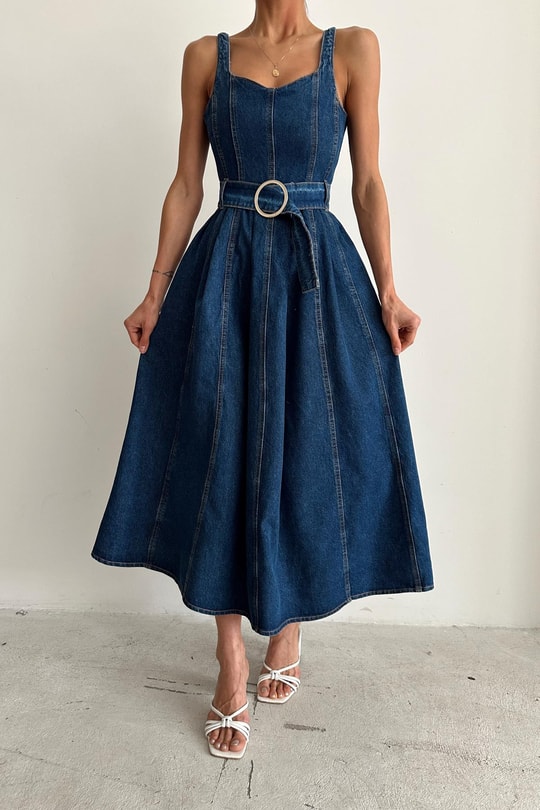 Denim Kemerli Elbise Lacivert