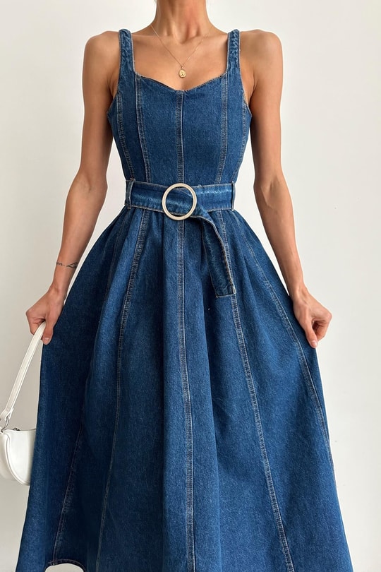 Denim Kemerli Elbise Lacivert