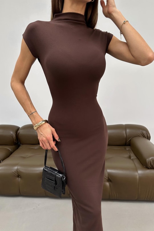 Dik Yaka Kolsuz Basic Elbise Kahve