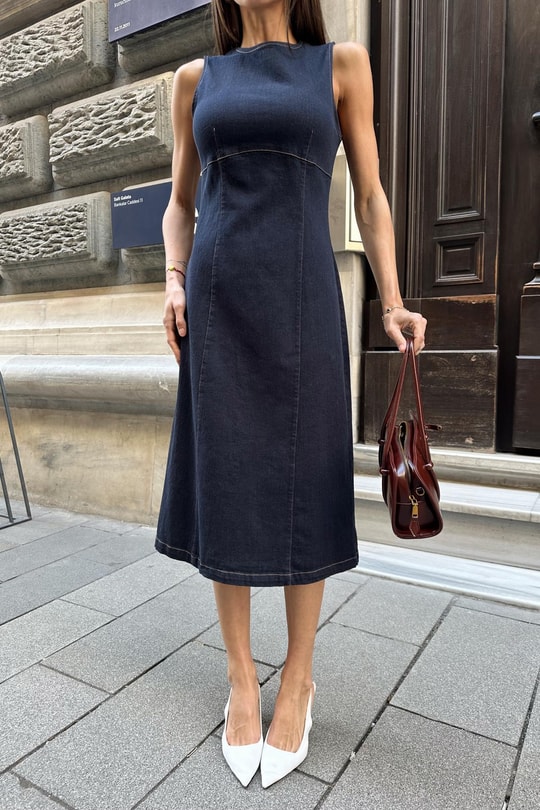 Dikişli Denim Elbise Lacivert