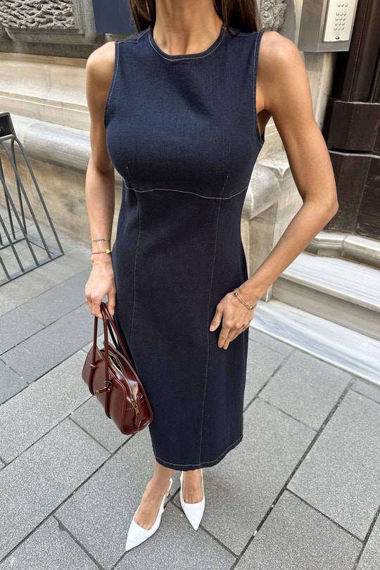 Dikişli Denim Elbise Lacivert