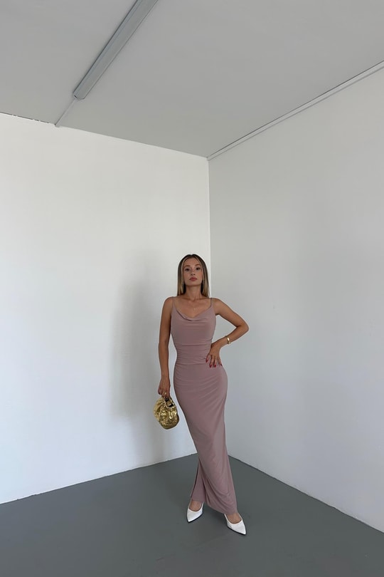Drape Detay Skıms Elbise Bej