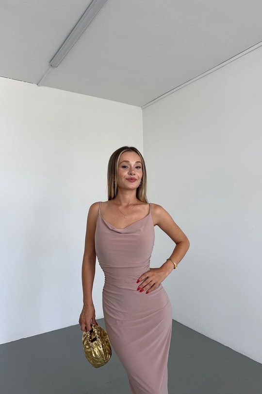 Drape Detay Skıms Elbise Bej