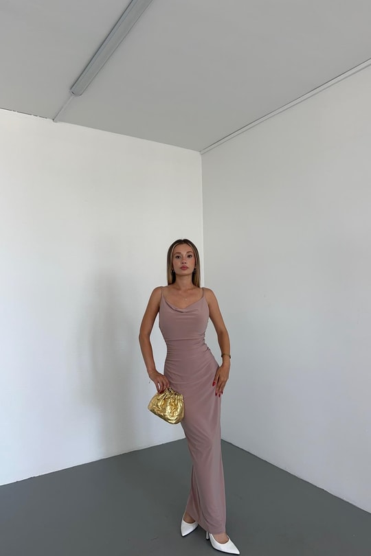Drape Detay Skıms Elbise Bej