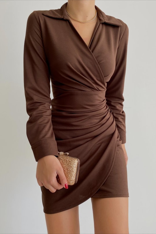 Drape Eloise Kruvaze Elbise Koyu Kahve