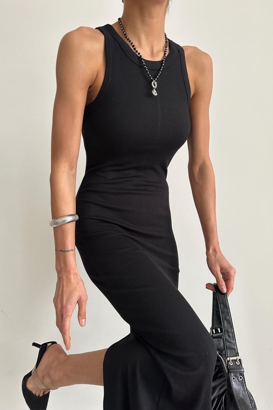 Fitilli Basic Midi Elbise Siyah
