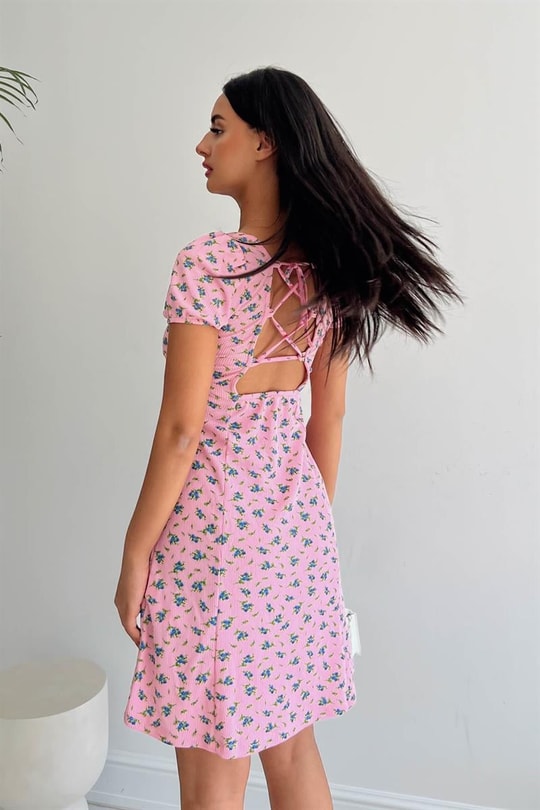 Fitilli Çiçek Desenli Elbise Pembe
