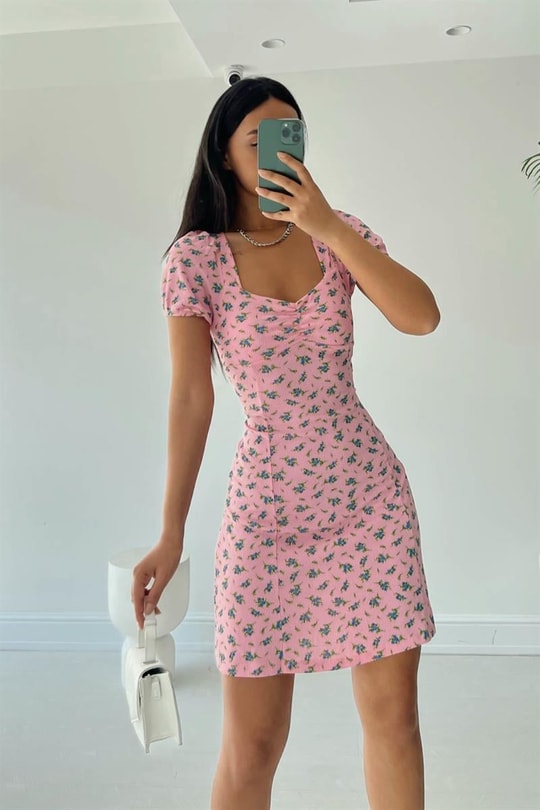 Fitilli Çiçek Desenli Elbise Pembe